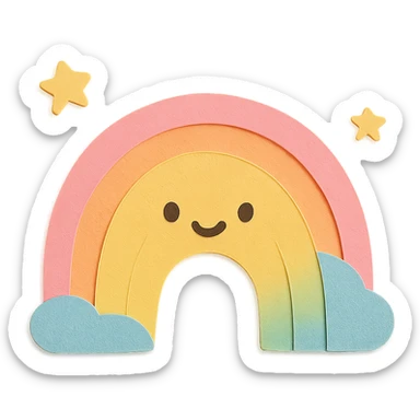 cute gentle rainbow arc, tiny star companions, soft pastel palette, no arms or legs, full body, paper craft style sticker