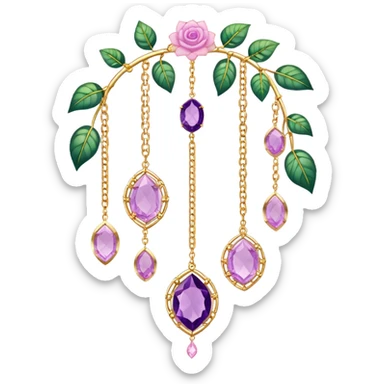Hanging suncatcher, gold chains with shiny sparkly amethyst and rose-quartz gemstones, flowers, beautiful leaves, gorgeous aesthetics sticker