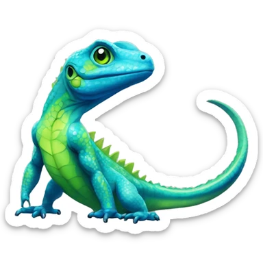 A Cyan Shiny Glossy Lizard-Reptile-Raptor-Fakémon with dark-blue patterns and light-green belly Full Body sticker