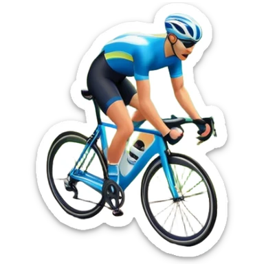 An icon featuring a sleek road bicycle with aerodynamic wheels on a winding mountain road. The background showcases a stunning landscape with rolling green hills, a bright blue sky, and distant peaks. Sunlight casts dynamic shadows, emphasizing motion and speed. Transparent background. sticker