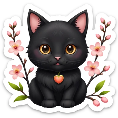 A cute  little  black cat and peach blossom sticker