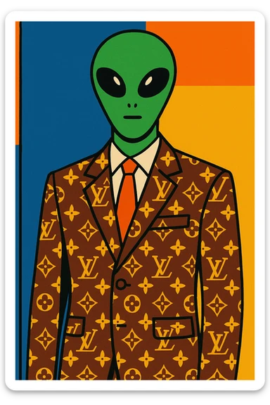 Green tall alien wearing Louis Vutton suit sticker