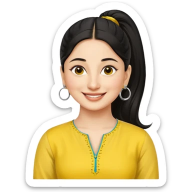 generate a pretty bratz emoji that looks like Kareena Kapoor's Geet character. 
Make her wear a yellow kurti, silver hoops, black hair in a ponytail. smiling big

She should look like Kareena Kapoor sticker