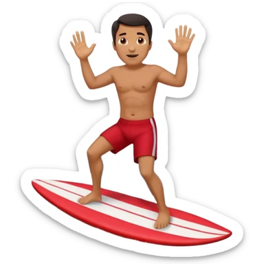 50 year old, dark haired, tan, red shorts man riding a big wave sticker