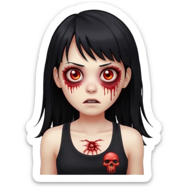 Zombie emoji with long black hair and bangs, big red eyes, small nose, and a simple black tank top. sticker