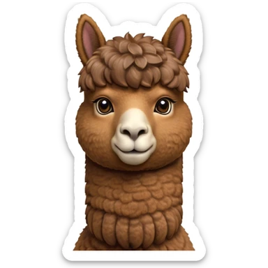 Cinematic Noble Brown Alpaca Portrait Emoji, Poised and regal, with a sturdy, graceful build and a rich, well-groomed brown fleece, deep-set soulful warm eyes, Simplified yet sharp and sophisticated features, highly detailed, glowing with a soft, dignified glow, high shine, intelligent and serene, stylized with an air of pastoral elegance, focused and attentive, soft glowing outline, capturing the essence of a watchful and confident companion, so majestic it feels as though it could stride out of the screen with effortless authority! sticker
