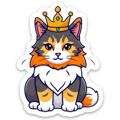 regal calico maine coon cat with orange, black and white fur wearing a jeweled crown sticker