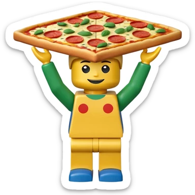 Minifigure: yellow square head  blue square troso rectangular yellow arms and green legs with a pizza on the head sticker