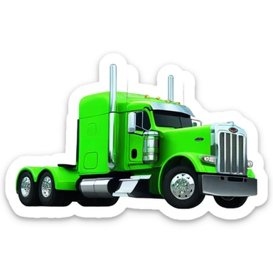 neon green peterbilt semi truck lowered on the ground with large chrome wheels and chrome smoke stacks profile view sticker