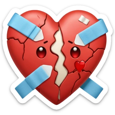 Un corazón roto con grietas  sangrando y expulsando sangre rodeado de vendas y tiritas que se despegan sin hacer efecto sticker