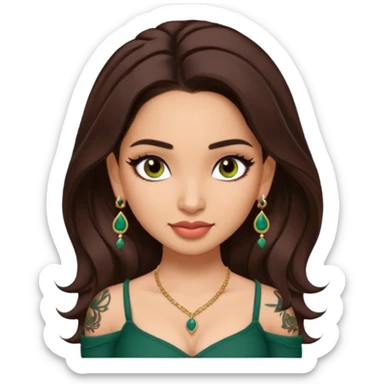 pretty bratz genmoji that looks like tamannah bhatia (bollywood actress), wearing a dark green sweetheart neckline top, dark brown hair, light makeup, no necklace, dangly earrings, side hair part, dark brown eyes, with full tattoos and neck tattoo sticker