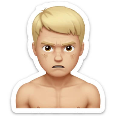 a blond guy with a short haircut, a tired and angry face, no shirt, with bruises under his eyes, and signs of beatings on his body sticker