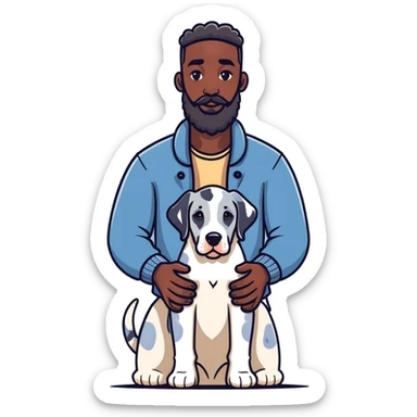 man and dog, tall bearded dark-skinned man, blue Merle Great Dane puppy, illustration style sticker