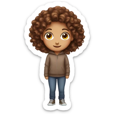 Girl with brown curly hair with a whis sticker