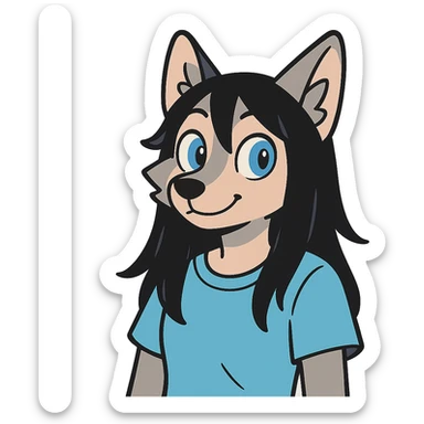 anime style wolf furry character with blue eyes, long black hair, wearing a light blue shirt sticker