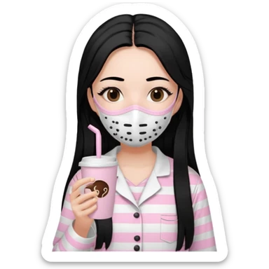 chica de pelo lacio color negro cabellera larga piyama blanca con rayas rosa claras peo no tan claras no oscuras el bordado es negro al igual que los botones )tiene una mascarilla para la carablanca y sostiene y cafe con bolitas nedras al dondo con unsorbete tranparente y es de test blanca  sticker