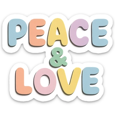 Soft pastel rainbow rounded bold letters for "Peace & Love", kawaii cute font, no border, transparent background sticker
