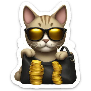 cat in brutal dark glasses with a bag of gold coins sticker
