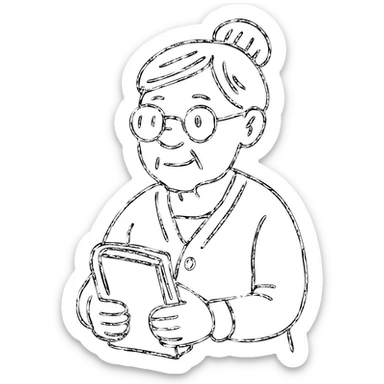 elderly librarian granny, glasses, cardigan, holding a book sticker