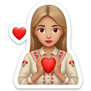 A Ukrainian woman in an embroidered shirt holds a heart in her hands sticker