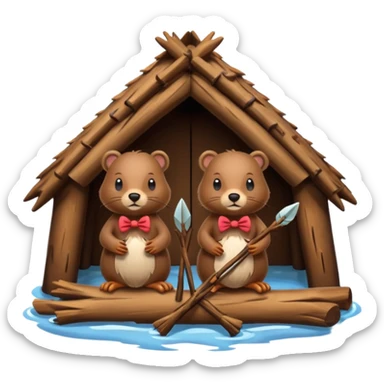 a beaver couple, one a female with a bow on her head in a beaver home made of sticks and logs sticker