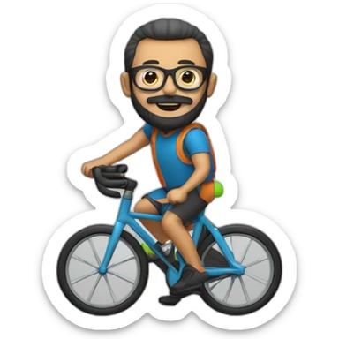 A hunchy man with glasses and a black circle beard driving a training bike sticker