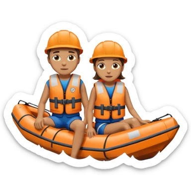 a boat upside down, with 2 people sitting on top trying to stay afloat. sticker