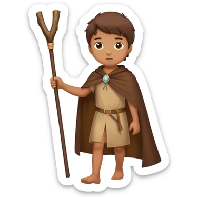 Boy walking with brown mantle and stick sticker