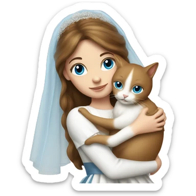 A girl with brown hare and blue eyes hugging a white cat of Britain bride sticker