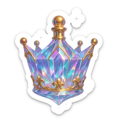 premium class crystal elixir bottle shaped like a crown, pastel gradient, lots of glowing highlights, facets, ornaments, golden details, magical effects, very small golden neck, transparent background, beautiful merging base, clearly floating in air, no base or shadow, very luxurious, interesting, fits collection sticker
