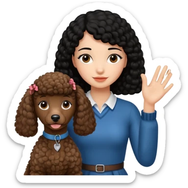 A black hair girl saying byebye with hand shaking a with a brown poodle sticker