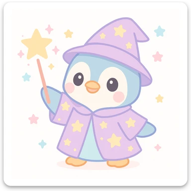 cute penguin wizard casting a spell, wearing a starry robe and holding a wand sticker