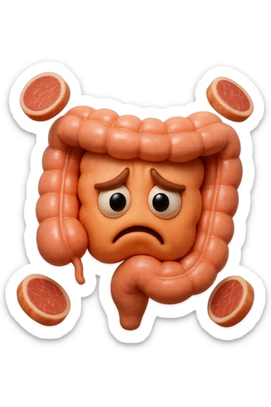 emoji stile iphone in 3d di un intestino triste con fette di carne che gli fluttuano intorno, gli occhi falli con la parte bianca pure, iperrealistico 4k sticker