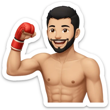 Minimal emoji of a guy, Trimmed beard, medium-length black hair, short sides, hair forward, muay thai fighter laughing. Profile Detail sticker