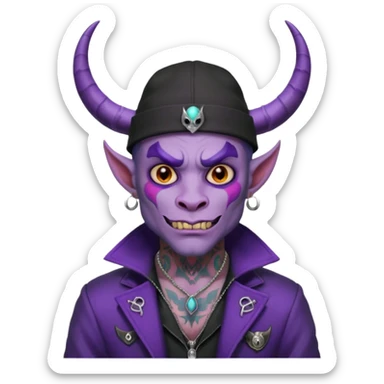 purple demon with tattoos, hat, jacket and horns sticker