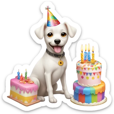 White male small dog wearing birthday hat with a cake  sticker