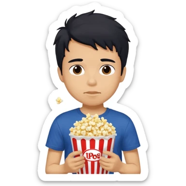generate a pretty tan bratz boy with a dark blue tshirt on. eating popcorn. messy black hair sticker
