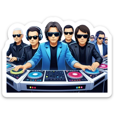 Icon for Electronic Music: Jean-Michel Jarre, Moby, DJ Tiesto, and Jorn van Deynhoven performing with synthesizers, turntables, and futuristic lighting effects. The design should evoke the vibrant and immersive atmosphere of electronic music festivals. Transparent background. sticker