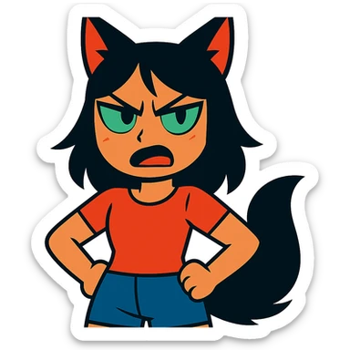 A girl with black fox ears and a tail, green eyes, dark hair, looking angry sticker
