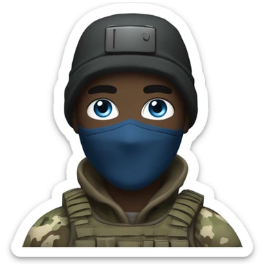 male, pale skin, call of duty black face mask, camo tactical gear, combat boots, black beanie, blue eyes sticker