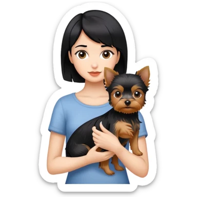 A beautiful girl with short black hair holding a Yorkshire Terrier sticker