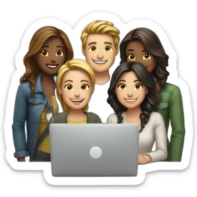 4 friends around a laptop smiling sticker