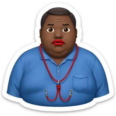 an extremely obese man with extremely dark skin and giant red lips wearing a blue-and-gray shirt and a noose around his neck sticker