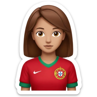 Une femme brune cheveux un peu long et qui a un maillot du portugal sticker