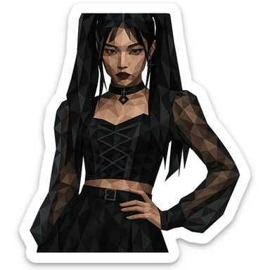 K-pop inspired gothic girl, polygonal style, geometric shapes, dark color palette, stylish stage outfit sticker