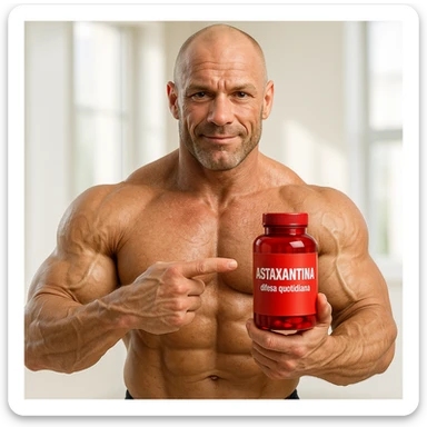 hyper realistic bodybuilder pointing at red bottle of astaxanthin, sculpted muscles, clearly visible label, text 'Astaxantina: difesa quotidiana', bright environment sticker