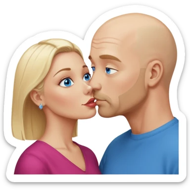 middle age bald man with salt and blonde scruff, blue eyes and blonde woman with blue eyes kissing each other sticker