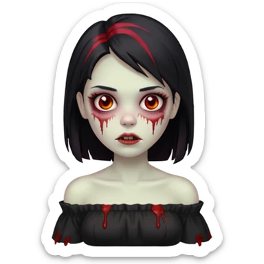 Garota zumbi com cabelo liso e mechas vermelhas na lateral da cabeça dos dois lados, usando uma blusa com manga caida preta sticker