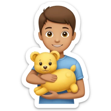 Yellow stuffed animal being held by a happy boy sticker