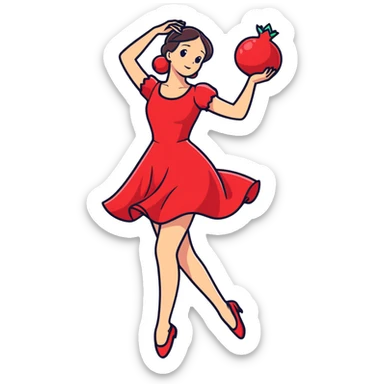 A girl with red dress dancing on the Persian carpet with pomegranate  sticker